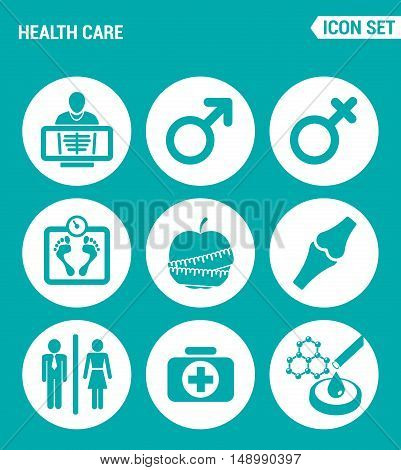 Vector set web icons. Health Care rengen woman Man apple joints first aid kit laboratory. Design of signs symbols on a turquoise background