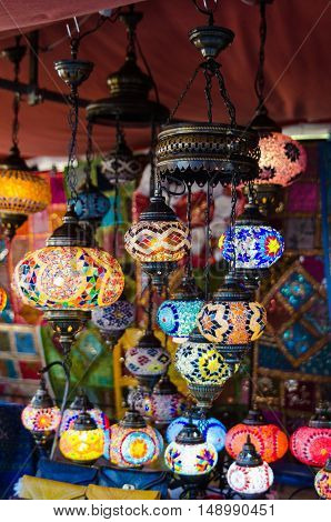 Arabic lamps and lanterns in market during celebration of Almossassa in Badajoz Extremadura Spain