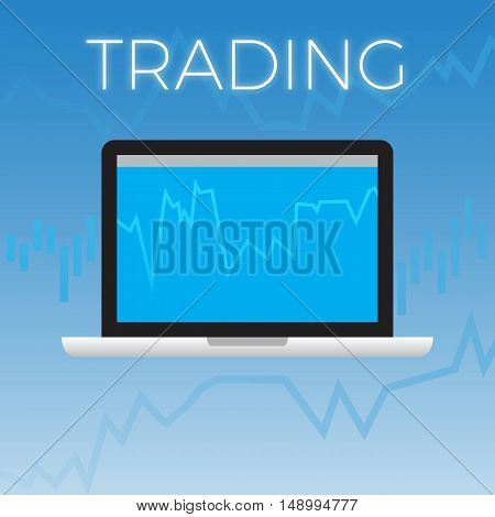 Statistics Concept. Trading with Laptop on Blue Gradient Background.