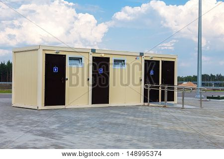 TVER REGION RUSSIA - JUNE 26 2016: New modular public toilet stand on the pavement