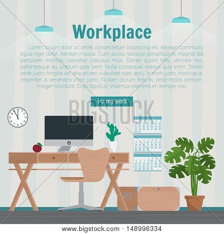 Collection stylish colors business work flow items elements things equipment objects. Flat modern design concept of creative office room interior workspace workplace. Vector illustration.