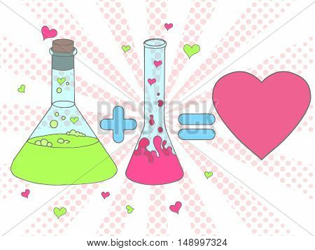 Colourful Love Chemistry Vector Illustration. Chemical Tubes In Hand Drawn Style. Test Tube With Lov