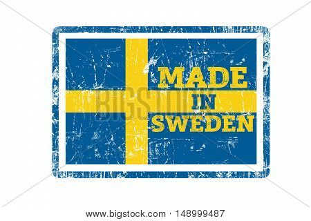 MADE IN SWEDEN word written on red rubber stamp and flag with grunge edges.