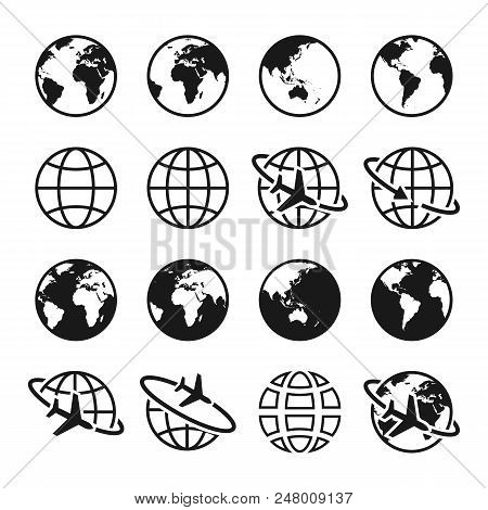 Set Of Planet Earth Icons. Globe Sign. World Symbol. Air Travel, Transportation And Delivery Concept