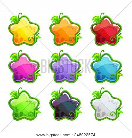Cute Cartoon Colorful Glossy Stars Set. Isolated Vector Star Shape Icons For Web Or Game Design.