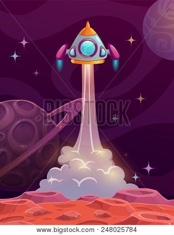 Rocket Lounch From Alien Planet. Fast Space Ship Start Concept. Beautiful Futuristic Poster With Car