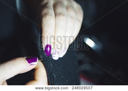 Close Up Woman Hands Of Seamstress At Work With Tissue Fabric