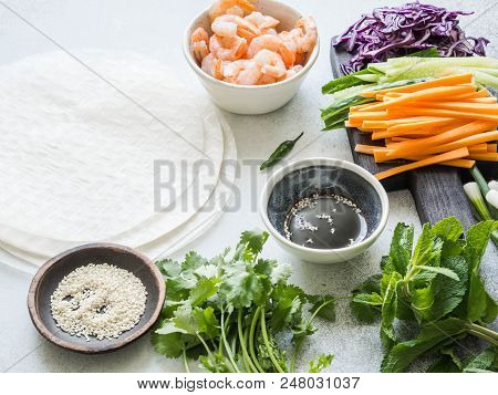 Ingredients For Cooking Spring Rolls - Carrots, Cucumbers, Herbs, Red Cabbage, Shrimps, Rice Paper O