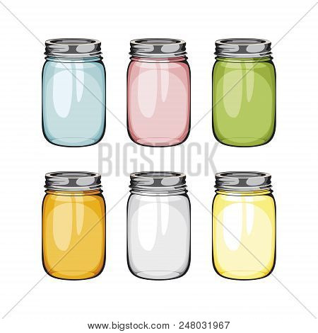 Set Of Mason Glass Jar. Ball. Empty Glass Jar In Difrent Colours With Handle.