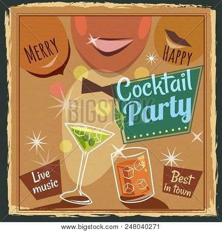 Retro Poster Design For Cocktailbar. Vintage Poster, Happy Hour, Card For Bar Or Restaurant.