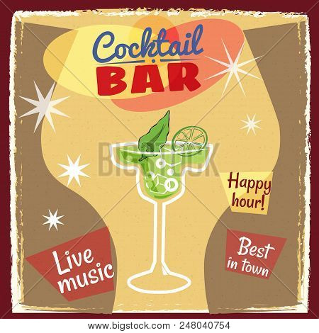Retro Poster Design For Cocktailbar. Vintage Poster, Happy Hour, Card For Bar Or Restaurant.