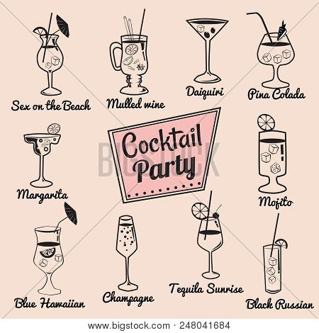 Set Of Ten Beautiful Illustration Of Some Of The Most Famous Cocktails And Drink