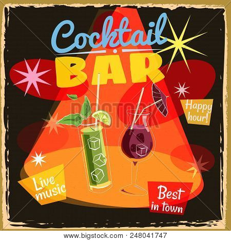 Retro Poster Design For Cocktailbar. Vintage Poster, Happy Hour, Card For Bar Or Restaurant.