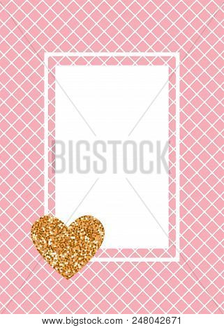 Cute Fashion Card Banner. Cage Is White On A Pink Fishnet Tights Background. Heart Of Gold Glitter. 
