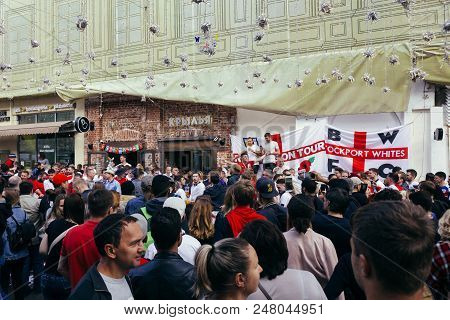 Moscow, Russia - July 3 2018: English Fans Chanting On The Street In Moscow After The Victory Of The