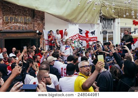 Moscow, Russia - July 3 2018: English Fans Chanting On The Street In Moscow After The Victory Of The