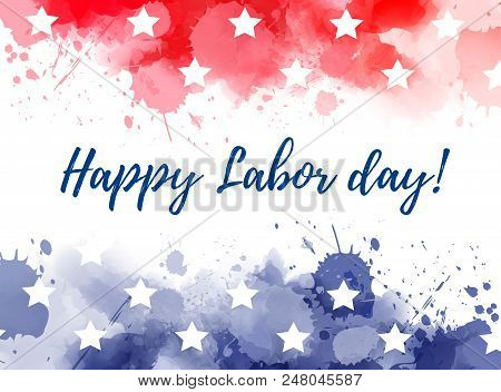 Abstract Background With Watercolor Splashes In Flag Colors For Usa. Blue And Red Colored With Stars