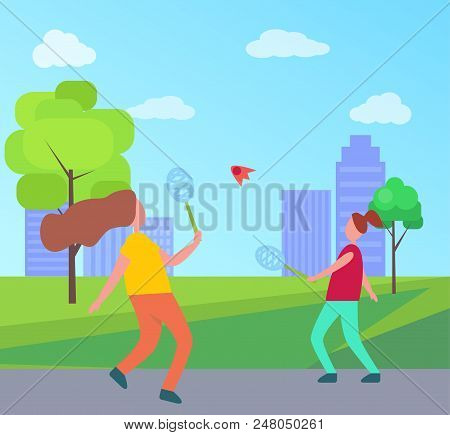 Mother And Daughter Activity, Family Playing Tennis Together, Tennis And Cityscape Trees And Buildin