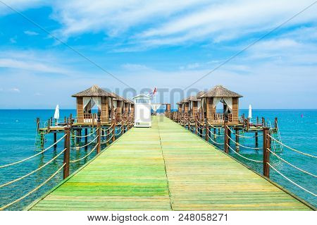 Wooden Beach Pavilions On The Shore Of A Sandy Beach - The Mediterranean Coast, Beldibi, Antalya, Tu