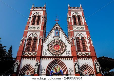 Pondicherry, India - December, 26th, 2017. Facade Of Catholic Church In Pondicherry (the Sacred Hear