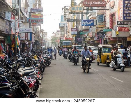 Pondicherry, India - December, 26th, 2017. Street Traffic In Pondicherry.