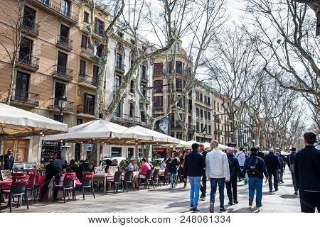 Barcelona - March, 2018: La Rambla Pederestian Street In Barcelona Spain