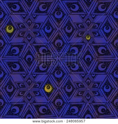 Linocut Eclipse Tile Seamless Pattern, Printmaking Wallpaper With Gqometry And Crescent Isolated On 