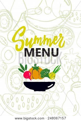 Summer Menu Cover. Design Concept For Smoothie Bar, Veggie Cafe, Restaurant. Illustration Of Veggeta