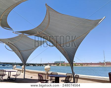 Awnings Shielding Recreation Area From Merciless Hot Sun At Salt River Lakeside In Tempe, Arizona