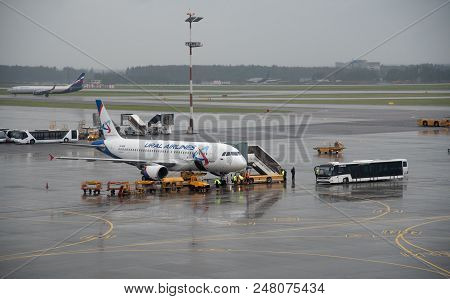 Moscow, Russia- June 12 2018: Airplanes On The Runway At Terminal D Of Sheremetyevo International Ai