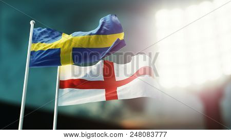 3d Illustration. Two Flags Waving On Wind. Night Stadium. Championship 2018. Soccer. Sweden Versus E