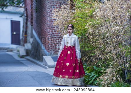 Seoul - May 10 : Korean Woman Wearing Hanbok Dress In Seoul Korea On May 10 2018. Hanbok Is A Korean