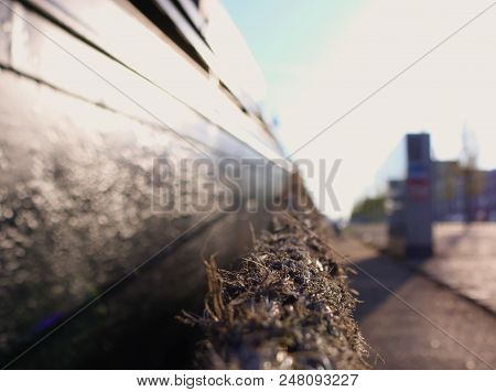 Dockyard In Rotterdam Netherlands, Close Up Look Of The Anker Rope.