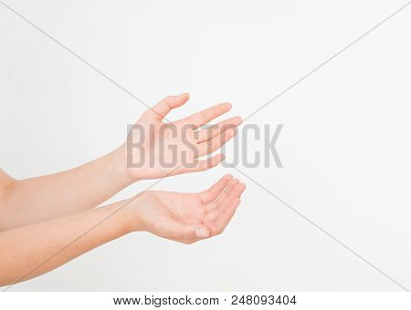 Black Woman's Hand Two Palm Up. Handbreadth Isolated On A White Background. Front View. Mock Up. Cop