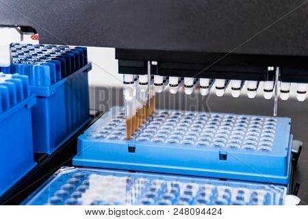 Automation In The Clinical Laboratory. Pipetting Robot Laboratory. Medicine Robotics. Ngs Dna Diagno