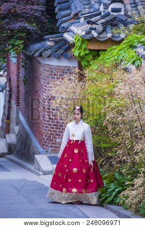 Seoul - May 10 : Korean Woman Wearing Hanbok Dress In Seoul Korea On May 10 2018. Hanbok Is A Korean