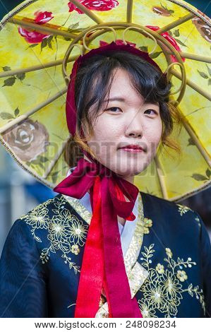 Seoul - May 10 : Korean Woman Wearing Hanbok Dress In Seoul Korea On May 10 2018. Hanbok Is A Korean
