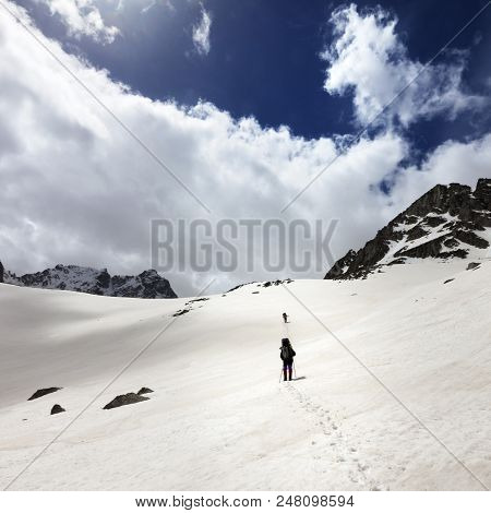 Two Hikers In Snowy Mountains. Turkey, Kachkar Mountains, Highest Part Of Pontic Mountains.