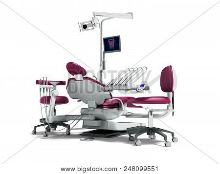 Modern Cherry Dental Chair And Borax With Backlight And Monitor For Work On 3d Render On White Backg