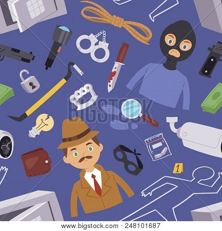 Criminal Thief Cartoon Detective Character Design With Equipment Investigator Police Man Design Vect