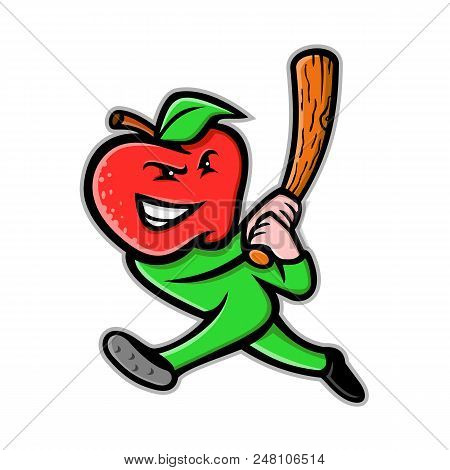 Mascot Icon Illustration Of An Apple, A Sweet, Edible Fruit Produced By Apple Trees,  As Baseball Pl
