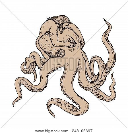 Hercules Fighting Giant Octopus Drawing