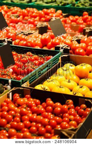 Colourful Mix Of Different Red, Orange, Yellow, Green Fresh Vegetables At Market.
