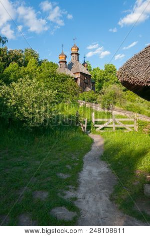 Path To The Hill To A Wooden Antique Baroque Church. Uzhhorod Ukraine