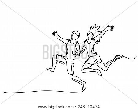 Happy Running Couple. Continuous One Line Drawing. Vector Illustration On White Background