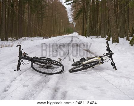Two Bicycles In The Snow, A Bicycle Ride On Snow Melt, Cycling In Early Spring