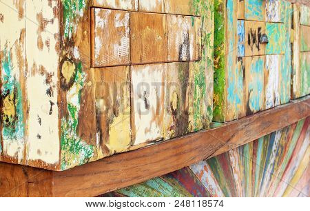 Decorative And Colorful Wood Wall. Painted Wooden Plank Background. Old Weathered Wood Texture. Indu