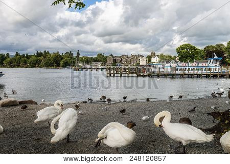 Bowness Pier With Boats At Bowness-on-windermere, A Small Tourist Resort Town On The Banks Of Winder