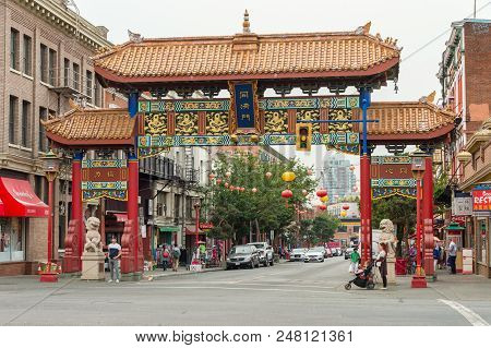 Victoria, British Columbia, Canada - 6 September 2017: Chinatown Gate On Fisgard Street