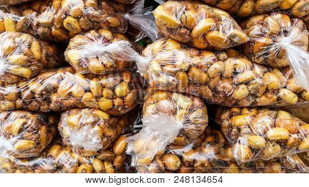 Close-up Of Cancha, Andean Toasted Chulpe Corn Or Maiz Chulpe, The Peruvian Tasty Corn Snack.